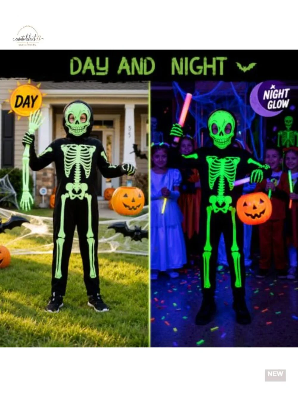 Kids Skeleton Glow in Dark Costume Set with Zipper - Ages 3-14